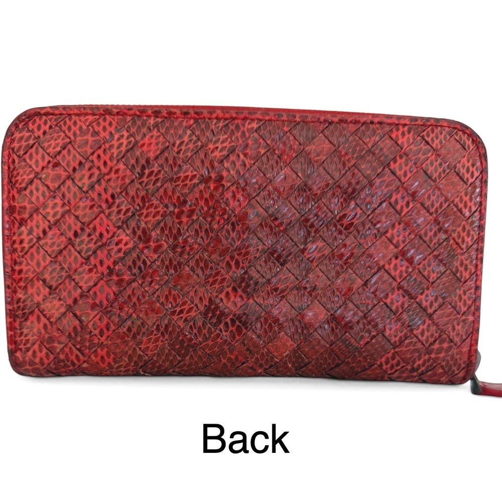 Bottega Veneta Intrecciato Python Zip Around Wallet Red Exotic Leather Box Dusty - Picture 3 of 12